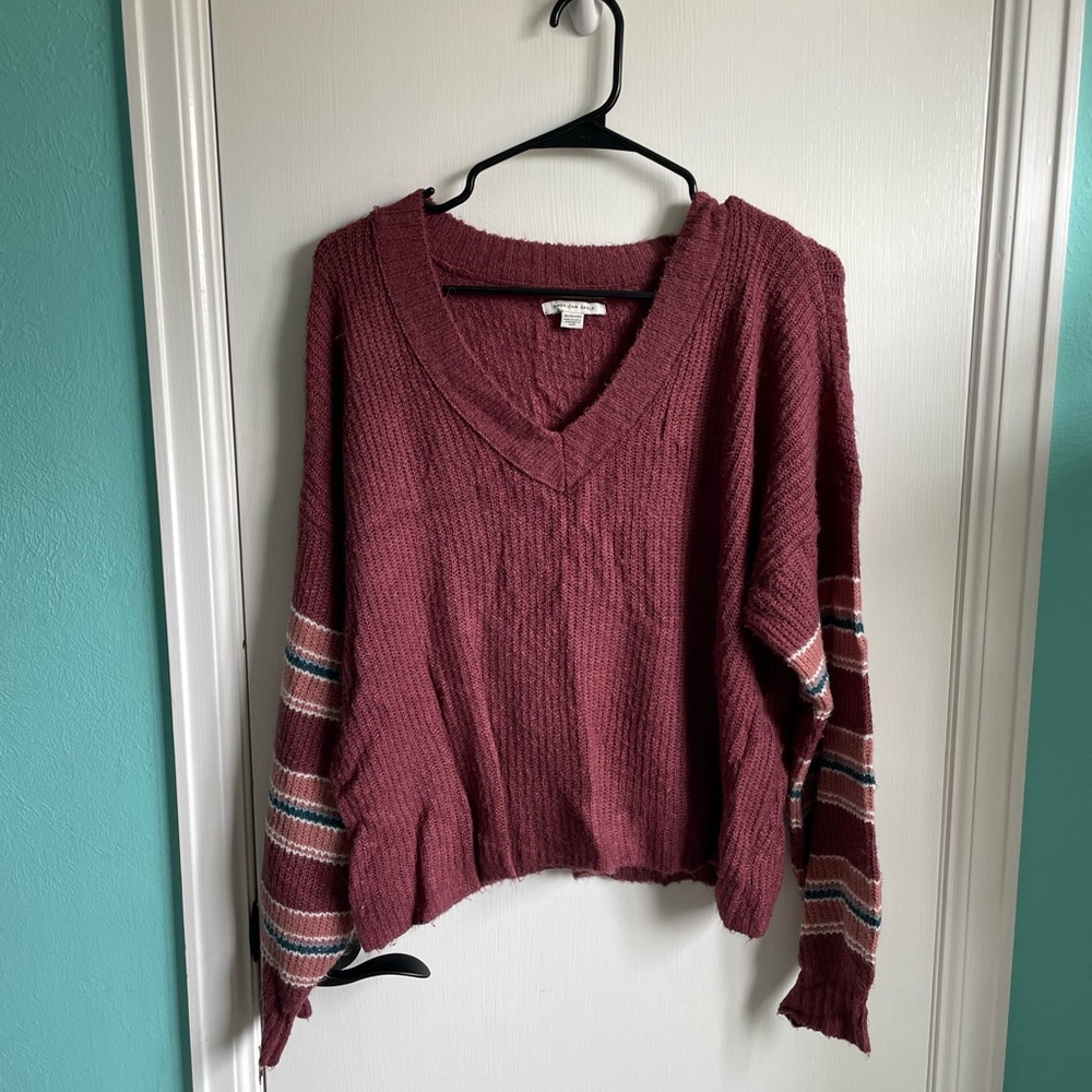 American Eagle Outfitters Maroon V-Neck Sweater with Striped Sleeves